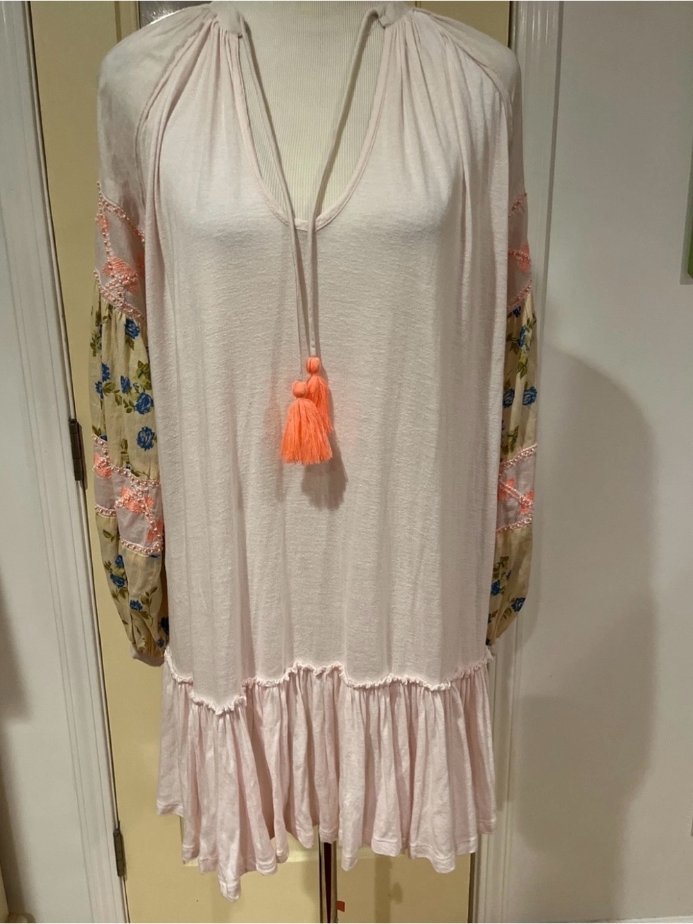 Free People Light Pink Boho Tassel Tunic with Floral Sleeves Petite Small